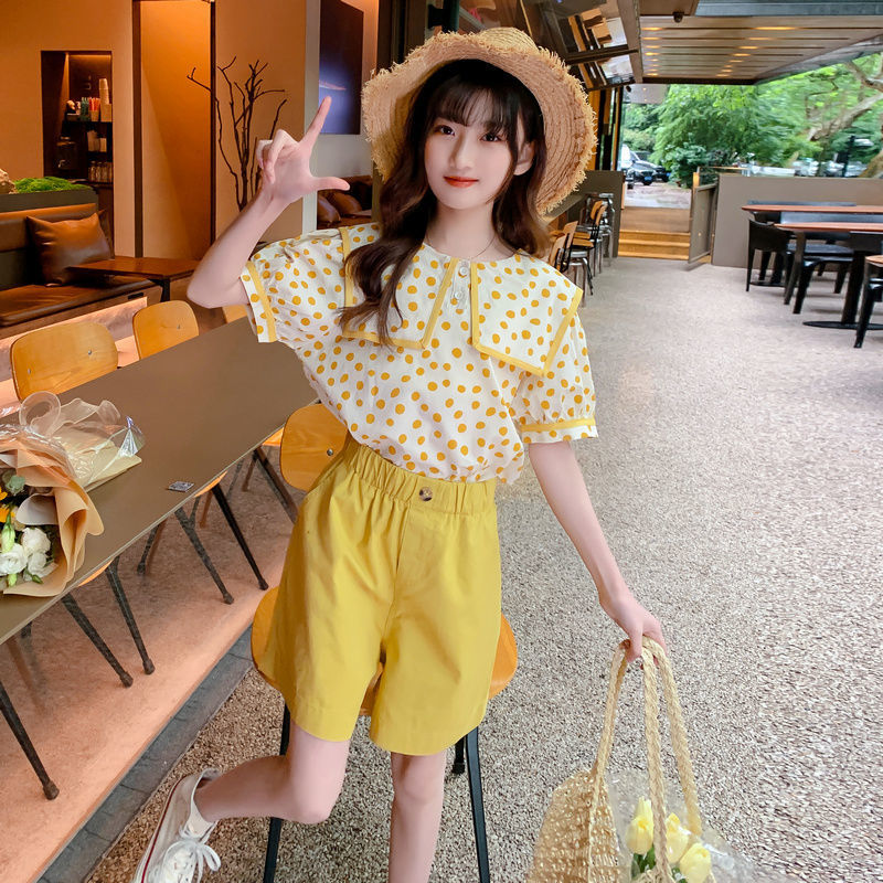 P Girls Summer Cotton Short Sleeve Set 2024 New Children's Shorts Summer Dress Foreign Atmosphere Little Girl Foreign Two-Piece Set