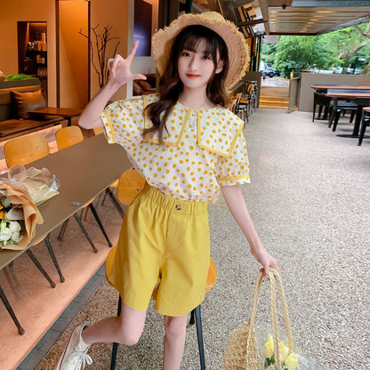 P Girls Summer Cotton Short Sleeve Set 2024 New Children's Shorts Summer Dress Foreign Atmosphere Little Girl Foreign Two-Piece Set