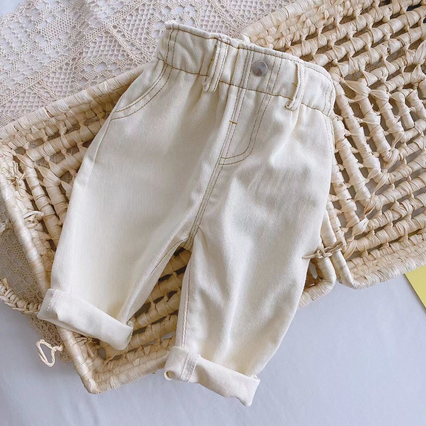 P baby pants 0-3 years old baby soft jeans spring boys and girls Korean version solid color casual high waist large PP pants