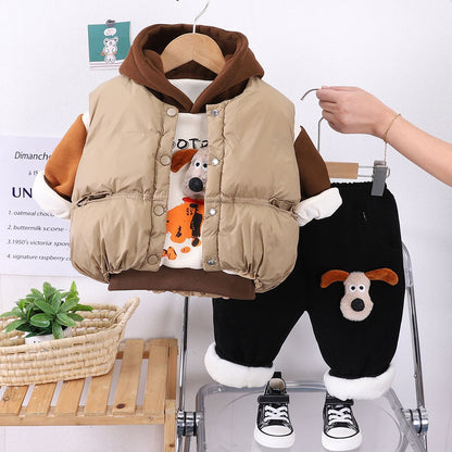 P Boys' clothing Autumn and winter velvet thickened three-piece set Baby children's cotton-padded clothes Boys' and babies' winter clothing set 1-3 years old 5 trendy clothes