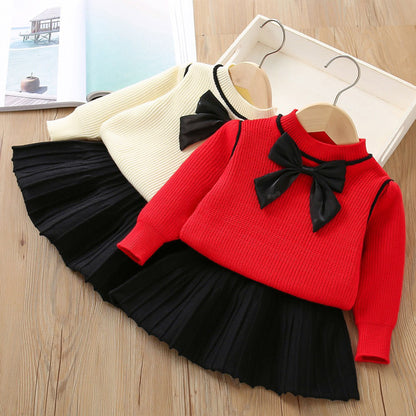 Girls' Sweater Set Autumn/Winter New Little Girl Bow Knitted Top Western Short Skirt Two piece Set