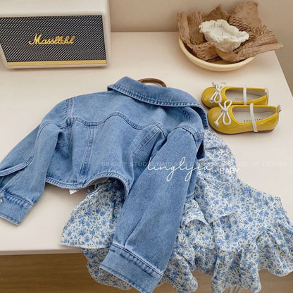 Girl's Fashionable Set Baby Spring Dress New Children's Fashionable Cowboy Coat Dress Spring and Autumn Two Piece Set