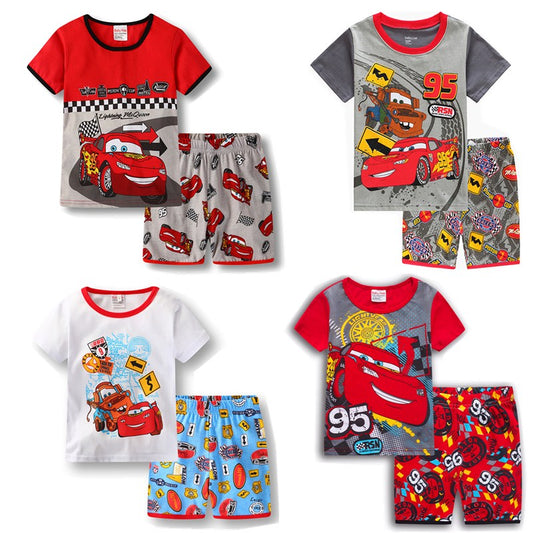 Conjunto de pijama de algodón de manga corta para niños con diseño de dibujos animados de coches de verano nuevo de P