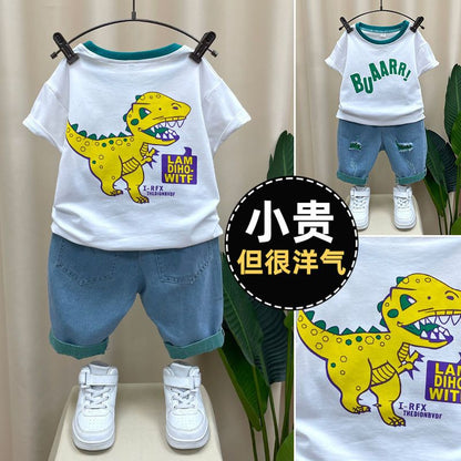 P Boys Summer Set 204 New Children's Fashionable and Handsome Small and Medium sized Boys Summer Short sleeved Top Trend