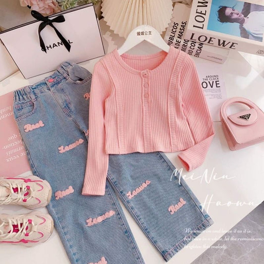 Conjunto de niña primavera y otoño nueva edición coreana moda niña manga larga cuello redondo cintura superior jeans conjunto de dos piezas 