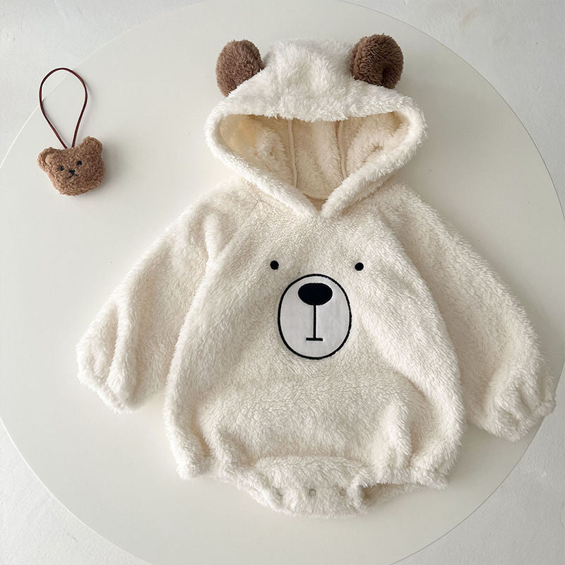 P ins baby clothes autumn and winter cute hooded bear baby velvet Romper climbing suit fart suit set two-piece set