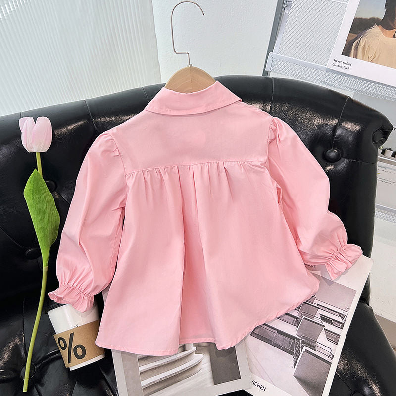 Girls' shirt 2024 new children's spring and autumn clothes stitched long-sleeved baby girl wears a spring versatile shirt outside