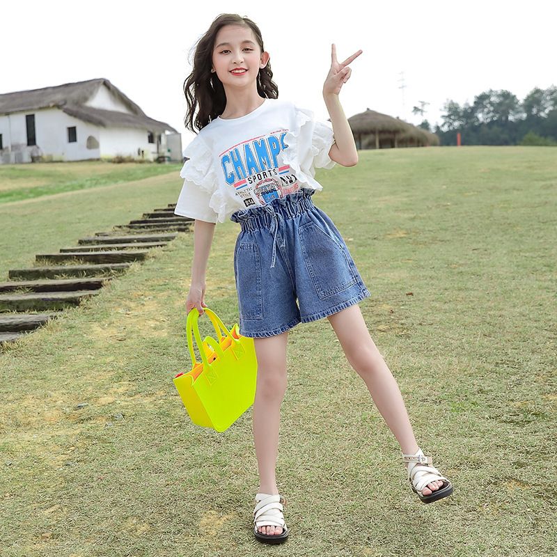 P Girls' summer clothes, new suits, foreign children's clothes, summer Internet celebrities, short-sleeved thin children's sports shorts, two-piece set