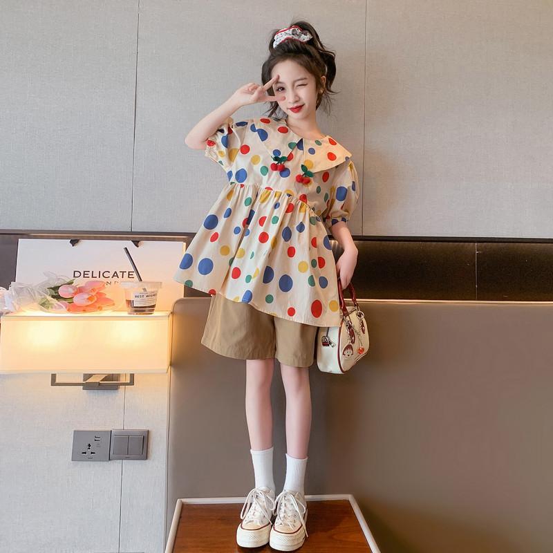 P girls summer suit, little girls new summer doll shirt, short sleeved, fashionable, casual shorts, two-piece set, trendy