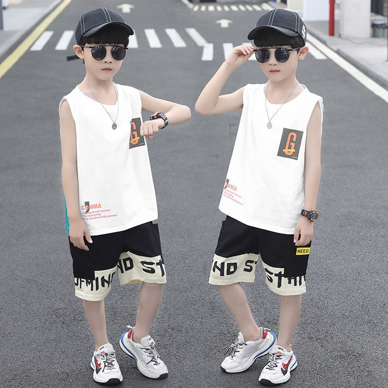 P Cotton Kids Boys Summer Vest Two-Piece Sleeveless Summer Dress Set 2024 New Handsome Foreign Fashion Korean Version