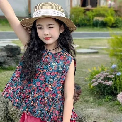 P 2024 New Girls' Summer Outfit Girls Foreign-style Floral Tops, Children's Wide-leg Pants, Big Kids Fashionable Two-Piece Set