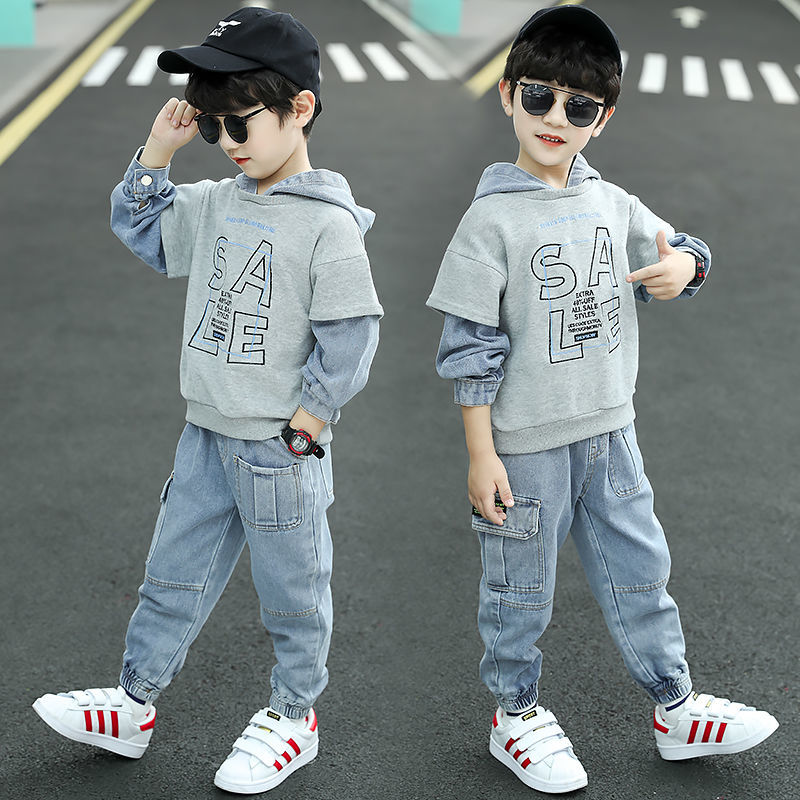 Children's clothing, boys' autumn suit, new children's spring boys' hoodie, two piece set of large children's denim clothes 1KG