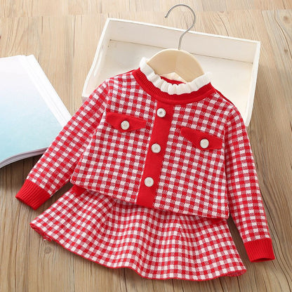 Girl's sweater set autumn and winter new Korean style western-style baby girl plaid small fragrant style knitted two-piece dress