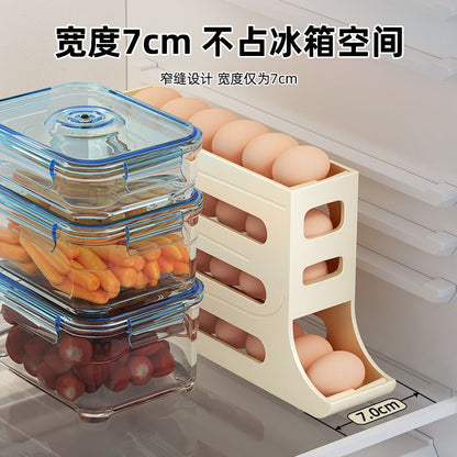 Caja de almacenamiento de huevos deslizante, caja de almacenamiento de puerta lateral de refrigerador, soporte de rejilla para huevos rodante de grado alimenticio, caja de huevos rodante automática 