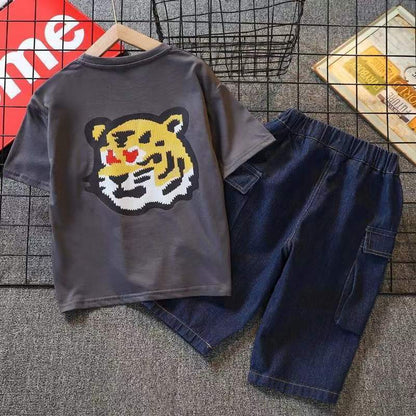 P Tiger T-shirt Boys Set 2022 New Handsome Short sleeved Cowboy Set Tiger Head Korean Edition Boys T-shirt Shorts