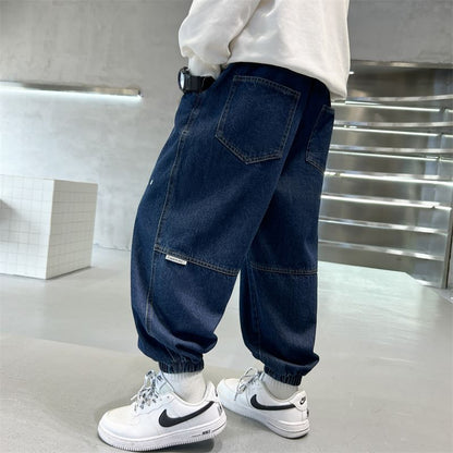 P boys jeans spring and autumn 2024 new autumn casual pants medium and large children's boys autumn pants cool and trendy