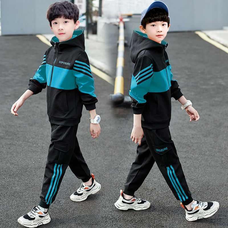 P Boys Middle and Older Children Spring and Autumn Outdoor Sports Handsome Tooling Suit Korean Version Foreign Style Tide Leisure Two-piece Set