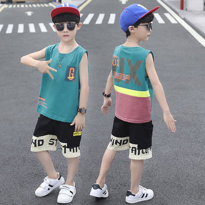 P Cotton Kids Boys Summer Vest Two-Piece Sleeveless Summer Dress Set 2024 New Handsome Foreign Fashion Korean Version