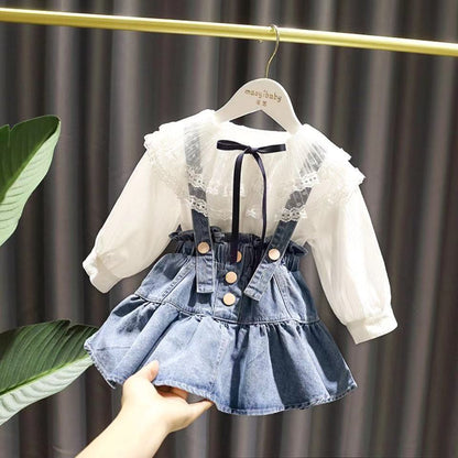 Trajes de otoño para niñas, nuevas faldas vaqueras coreanas extranjeras de otoño para niñas, tendencia de dos piezas de camisa para niños