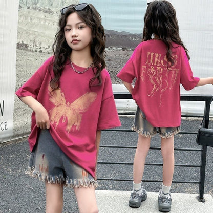 P Camiseta de manga corta para niñas verano 2024 nueva extranjera suelta para niños de secundaria estudiantes de secundaria pantalones cortos de mezclilla de moda