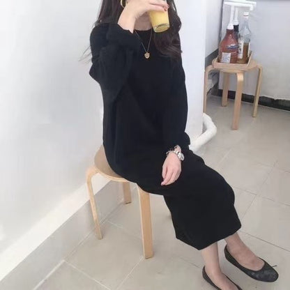 P Korean lazy temperament chic style solid color loose round neck long simple thickened knitted sweater long dress dress