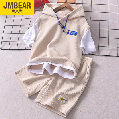 P Jamie bear children&#039;s waffle suit summer new boy hooded casual short sleeve big boy short T shorts.