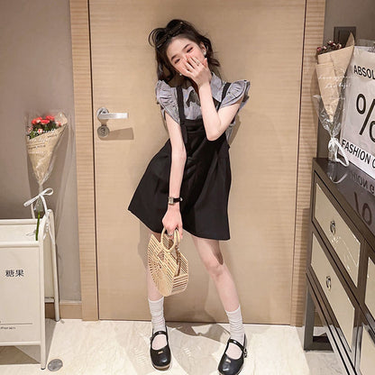 P Girls&#039; Suit 2024 New Summer Dress Western-style girls&#039; suspenders and girls&#039; children&#039;s summer clothes are fashionable.