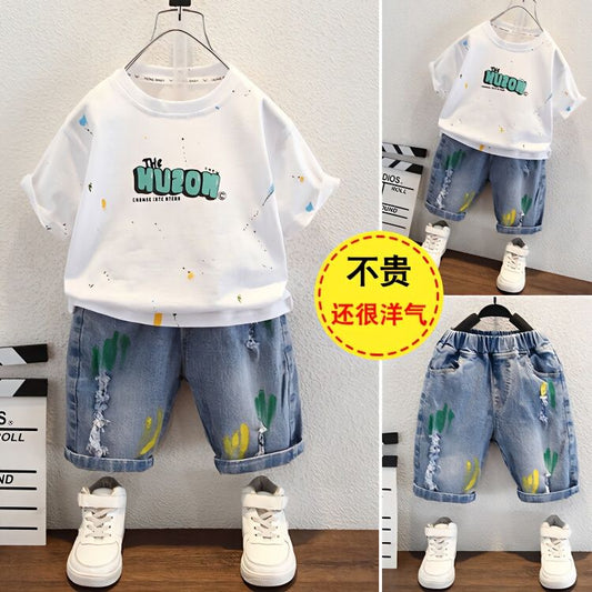 P Boys T-shirt Short Sleeve Set Children's Denim 2024 New Half Sleeve Small and Medium-sized Baby Summer Five-Piece Two-Piece Trend