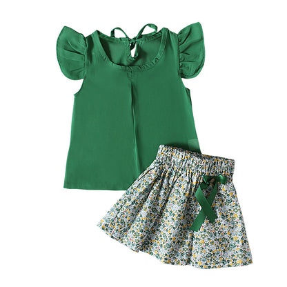 Children's European and American summer style girls small flying sleeve top + bow floral short skirt two-piece set children's clothes ins 0.1kg