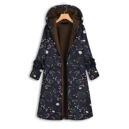 Autumn and winter thickened printed hooded slim long cotton coat warm jacket