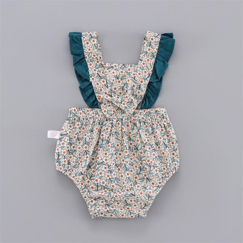 Bebé niña de estilo coreano de verano, dulce mono con tirantes florales y mangas voladoras, mono fino con pedos Ha Yi, traje de gateo triangular 