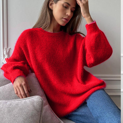 A autumn and winter European and American ins style imitation mink sweater women's lazy style temperament loose super soft knitted top women's versatile