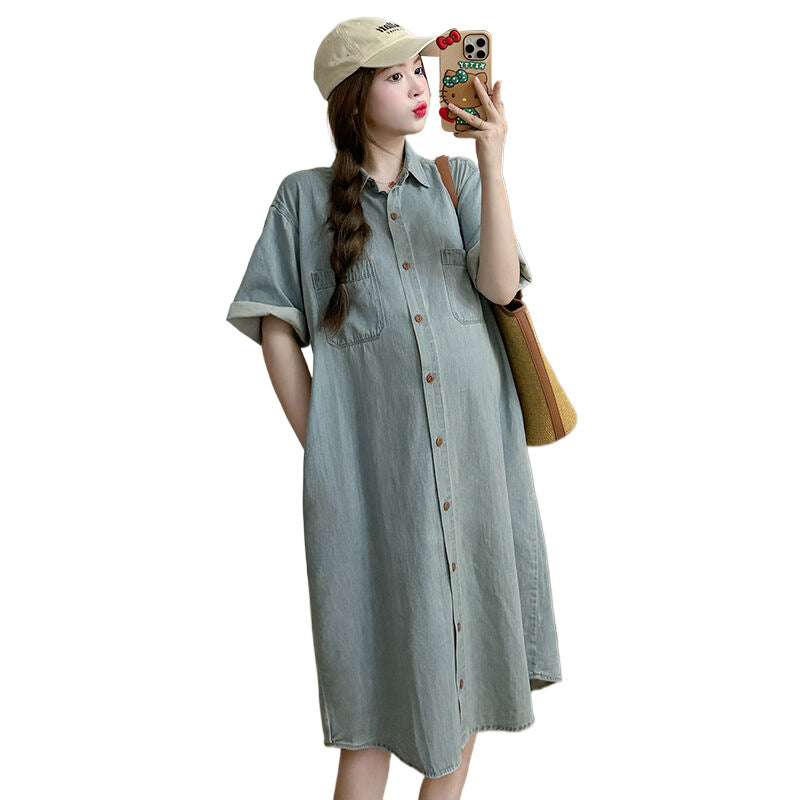 A maternity wear 2024 summer Korean version fashion casual loose denim dress nursing shirt skirt medium and long trendy mother