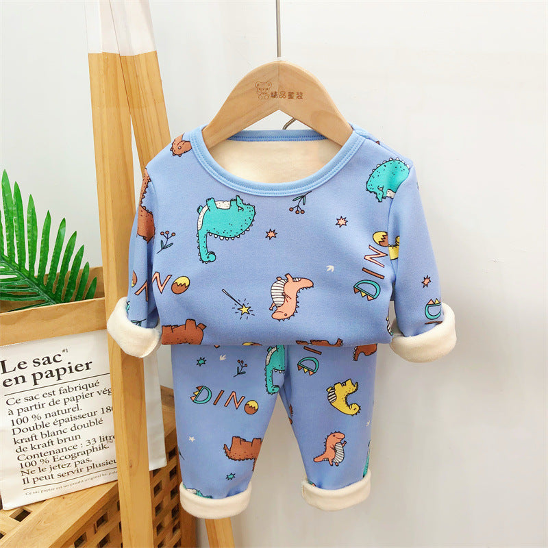 A handsome baby autumn clothes new velvet cartoon warm clothes two-piece set autumn and winter boys and girls suits wholesale