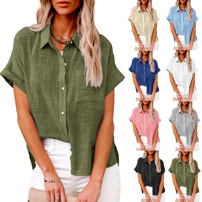 A Amazon wish summer new European and American cross-border women's clothing solid color linen shirt short sleeve casual loose shirt