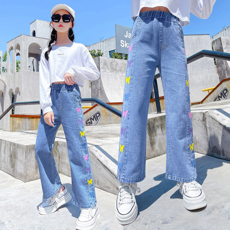 Girls' Jeans 2023 Spring and Autumn New Clothes: Big Kids Wide Leg Pants, Children's Straight Leg Pants, Loose Long Pants, 12 Year Old Tide 0.4kg