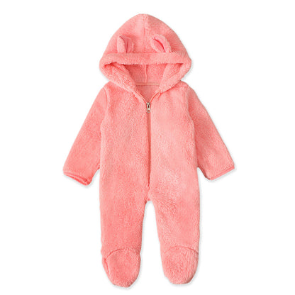 A Men, women and children, European and American spring and autumn winter cute solid color hooded fleece thickened foot-wrapped one-piece Romper children's clothing ins