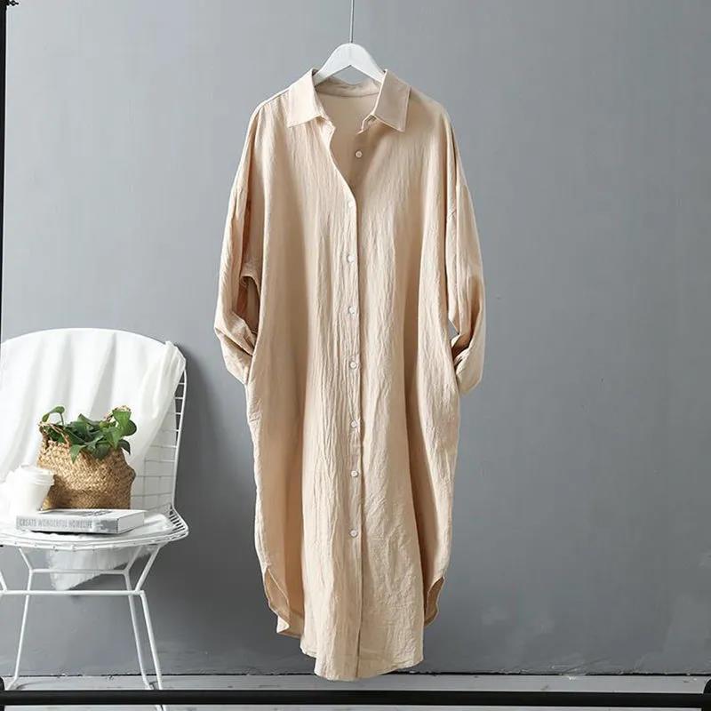 Cotton and linen sunscreen white shirt for women's outer wear autumn new versatile loose casual top mid-length shirt dress WEIGHT:200G