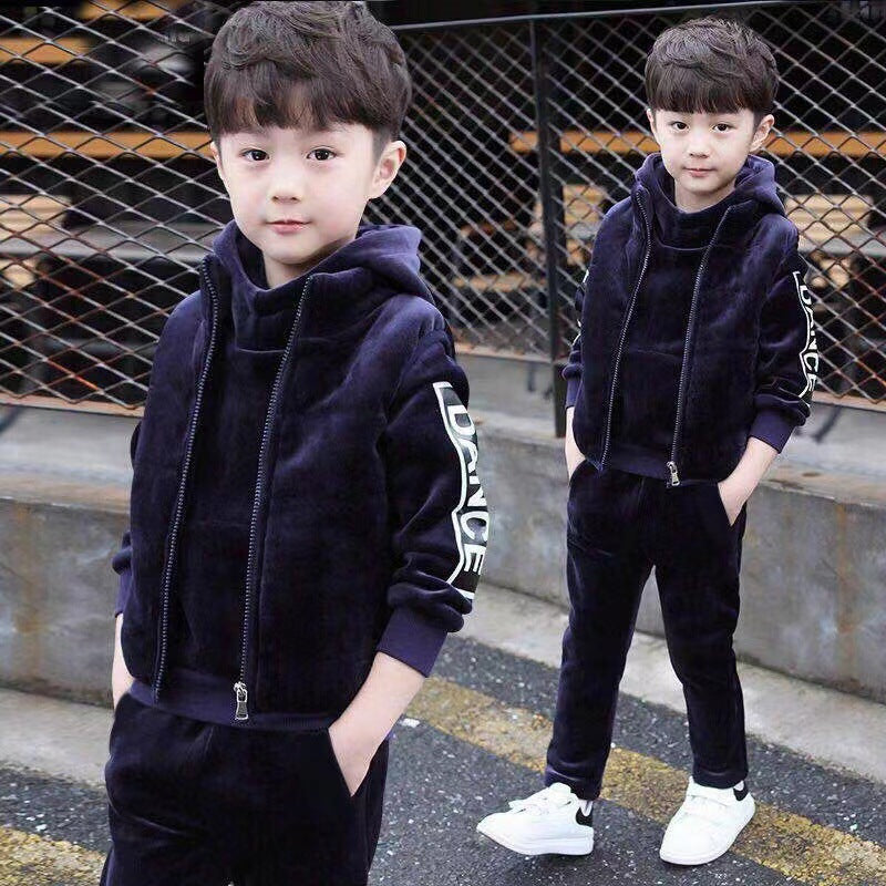 A boys autumn and winter suit new fleece thickened sweater three-piece set medium and older children's Korean version double-sided fleece children's clothing