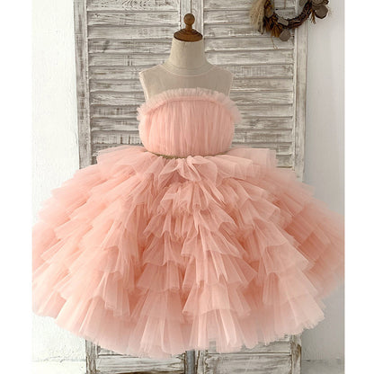 Vestido de niña rosa con falda cruzada, vestido de boda para niños, vestido de princesa hinchado, vestido de cumpleaños para niño de flores, vestido de actuación de piano, 0,6 kg 