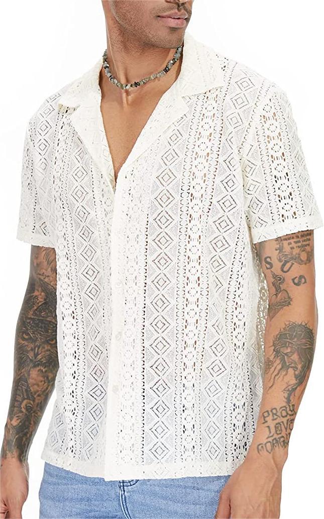 A spot European and American fashion new men&#039;s lace short sleeve shirt flower transparent button holiday hollow perspective lining