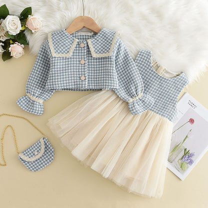 Qianniao grid large lapel jacket+patchwork mesh skirt girl set autumn and winter new small fragrant style children's clothing replacement 0.5kg