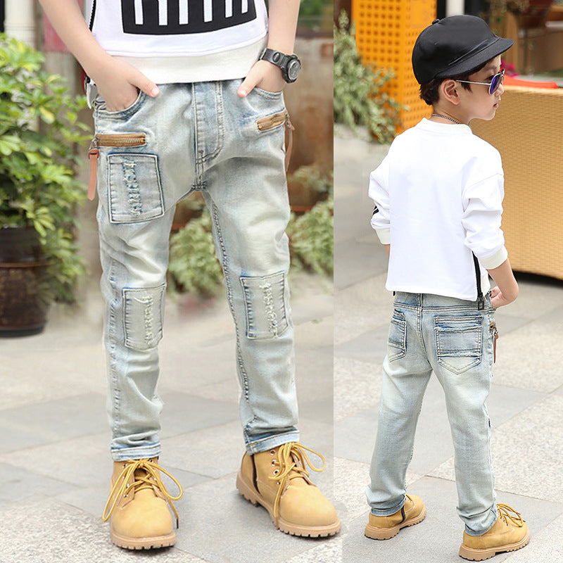 New children's clothing, children's pants, boys' torn jeans, spring and autumn clothing, cotton sports and fashion pants, 0.35kg