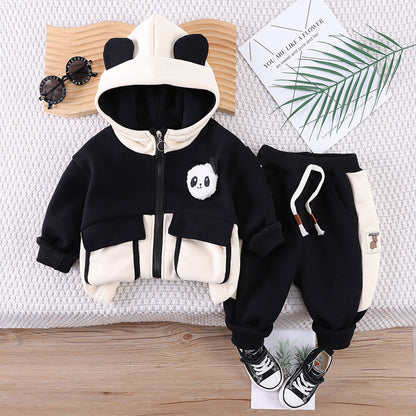 A Winter fleece thickened casual hooded cartoon sweater color matching trousers two-piece set one-year-old boy baby autumn and winter clothing