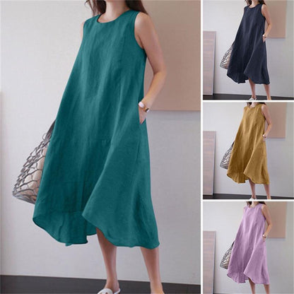 A Cross-border foreign trade summer round neck long dress sleeveless large size loose solid color long pendulum vest cotton and linen dress women