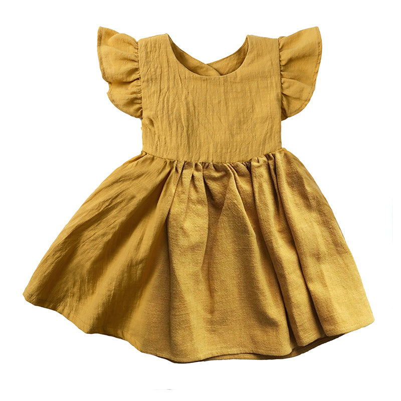 New Girls' Dress Baby Cotton Linen Solid Color Children's Dress Bow Princess Dress Fluffy Dress 0.123kg