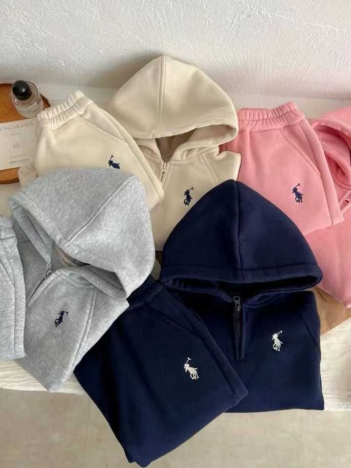 A boys and girls children's suit winter new boys and girls half zipper fleece hooded sweater baby sweatpants two-piece set