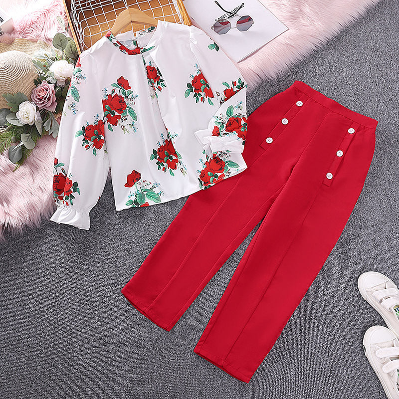 popular girls' suit,  spring new children's clothing printing, long-sleeved top, trousers, foreign trade children's clothing, 0.18kg