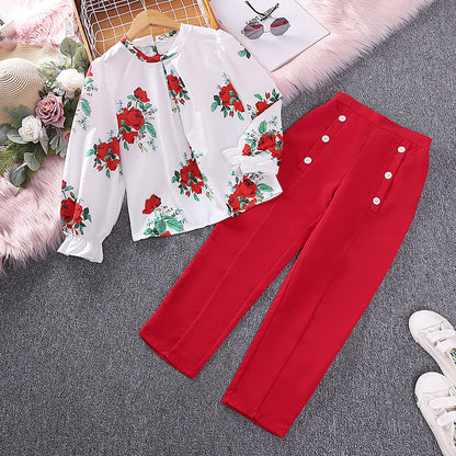 popular girls' suit,  spring new children's clothing printing, long-sleeved top, trousers, foreign trade children's clothing, 0.18kg