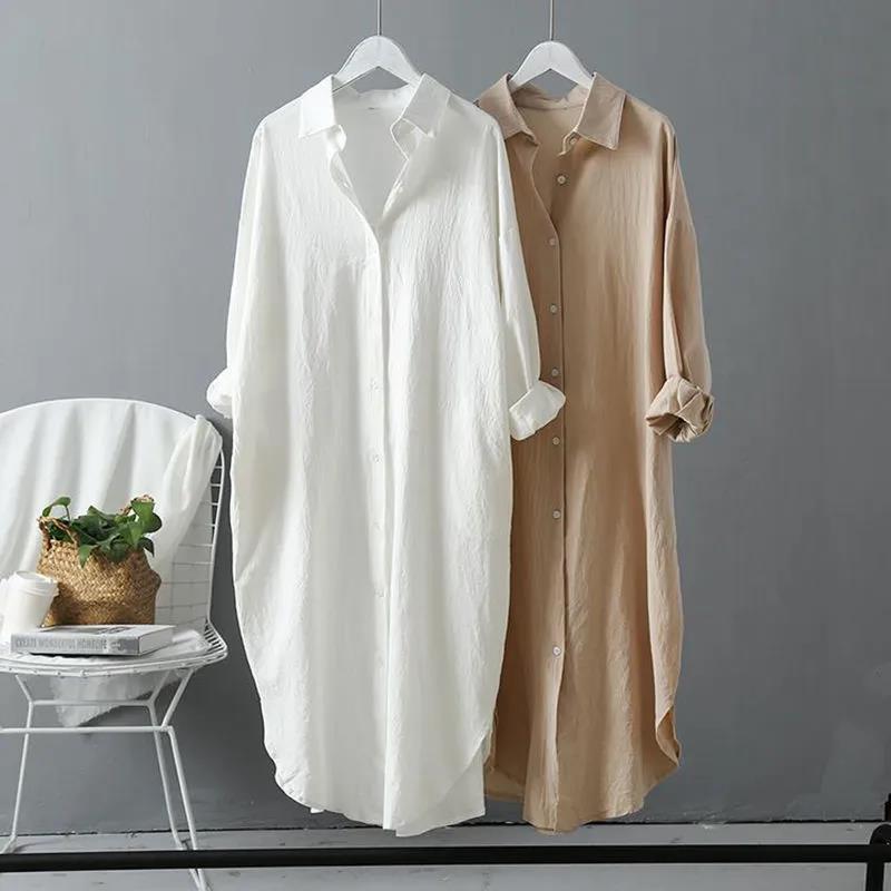 Cotton and linen sunscreen white shirt for women's outer wear autumn new versatile loose casual top mid-length shirt dress WEIGHT:200G